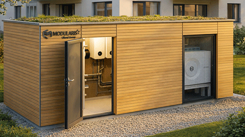Modularis Energiezentrale in Base mit Holz douglasie als Außenfassade vor einem Mehrfamilienhaus