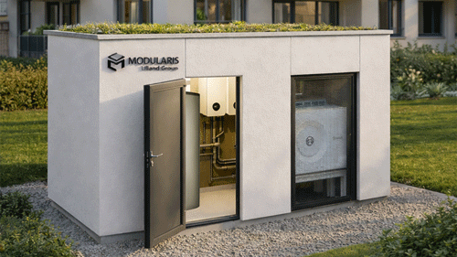 Modularis Energiezentrale in compact mit weißen Putz als Außenfassade vor einem Mehrfamilienhaus