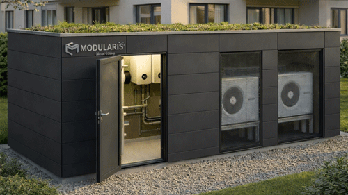 Modularis Energiezentrale in Strong mit Anthraziten Tresper als Außenfassade vor einem Mehrfamilienhaus