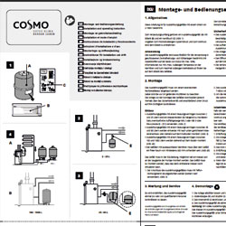 Montage- und Bedienungsanleitung COSMO Warmwasserspeicher mit Installationsschema und technischen Zeichnungen