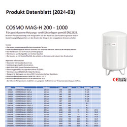 Produktdatenblatt COSMO MAG-H 200–1000 Warmwasserspeicher mit technischen Daten und Tabellenübersicht