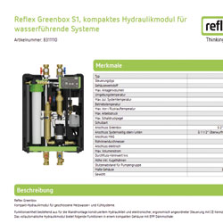 Produktübersicht Reflex Greenbox S1 Hydraulikmodul für wassergeführte Systeme mit technischen Merkmalen und Komponentenansicht