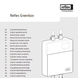 Bedienungsanleitung Reflex Greenbox Hydraulikmodul mit Geräteabbildung und mehrsprachiger Übersicht
