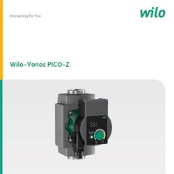 Produktübersicht Wilo-Yonos PICO-Z Umwälzpumpe mit Frontansicht und Bedienelementen