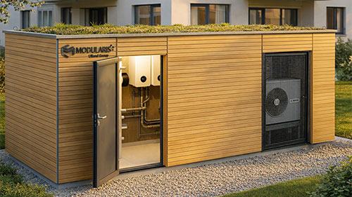 Modularis Energiezentrale in Base mit Holz douglasie als Außenfassade vor einem Mehrfamilienhaus